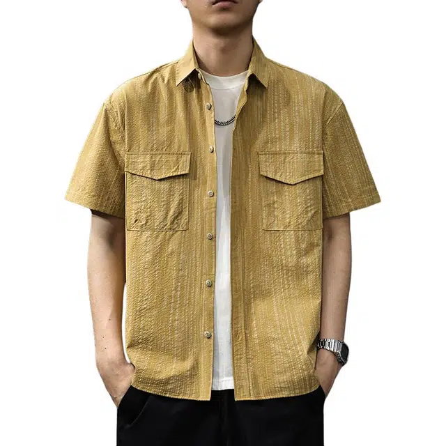前进牛 夏季肌理感暗纹提花宽松速干户外休闲五分袖短袖衬衫 男女同款