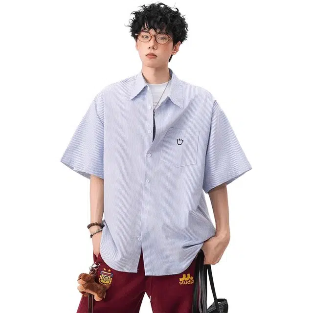 单爵 美式笑脸刺绣宽松条纹休闲短袖衬衫 男女同款