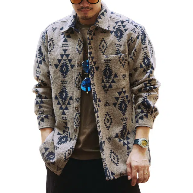 格蓝鹿 休闲羊毛痞帅工装美式基础简约重磅通勤提花长袖衬衫 男女同款