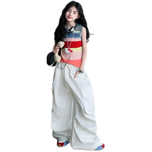 天才小熊休闲运动套装 女童夏季大童潮牌小孩衣服 小女孩 针织背心加工装裤 洋气时髦 漂亮 甜美 儿童款