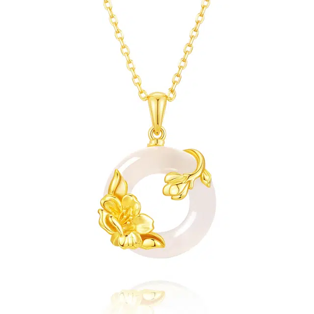 【幸福安康】中国黄金 珍·尚银 山茶平安扣 新中式福寿绵长事事顺利繁花似锦锁骨链 轻奢小众礼盒装吊坠 妈妈 女友 玉髓 项链 女款