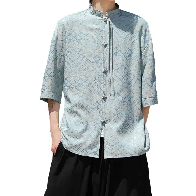 加荣 薄款速干宽松休闲衬衣中国汉服潮牌凉感透气外套新中式盘扣立领唐装祥云设计感短袖衬衫 男女同款