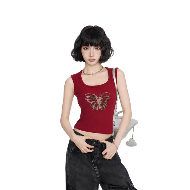 柏黛妃 方领蝴蝶印花多巴胺简约背心 女款 红色