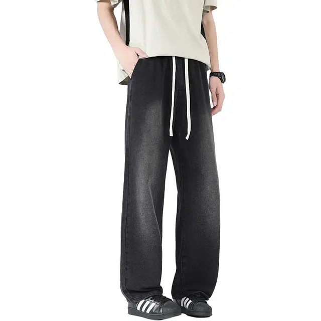 宝米卡 街头宽松阔腿休闲潮流百搭抽绳磨白牛仔裤 男女同款