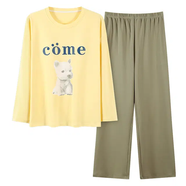 顶瓜瓜 带小狗图案带胸垫简约舒适纯棉可外穿家居服长袖长裤睡衣套装 女款