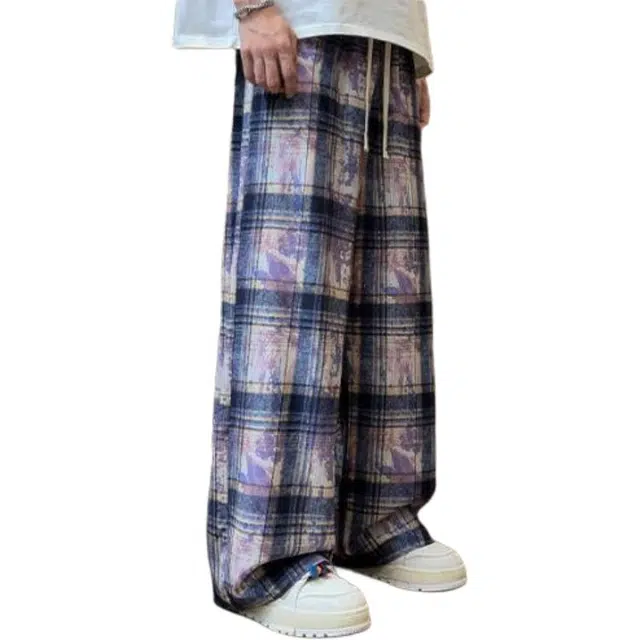 沐诚阳译 美式复古扎染格子阔腿裤春夏季款情侣裤子直筒长裤子休闲裤 男女同款