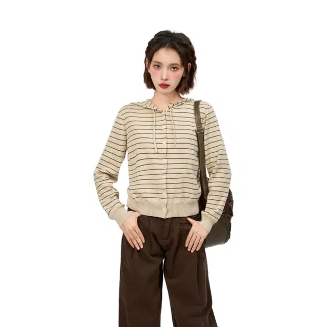 柏黛妃 条纹连帽长袖短款开衫针织衫 女款 燕麦色