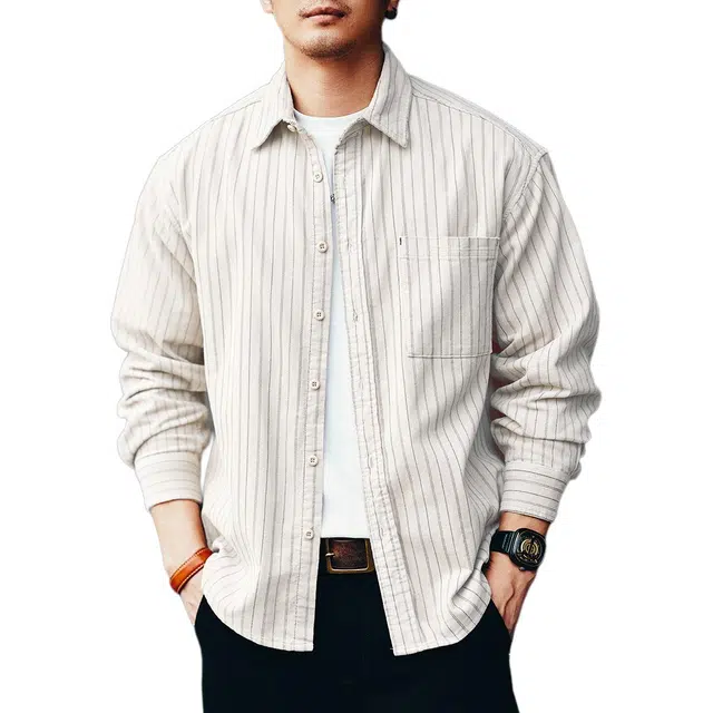 格蓝鹿 潮牌日常通勤纯棉显高显瘦休闲高端复古天花板条纹基础简约长袖衬衫 男女同款