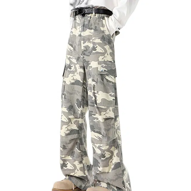 松岚 国潮高街痞帅美式直筒垂感阔腿复古做旧多口袋设计感小众高级感潮流时髦舒适工装裤 男女同款