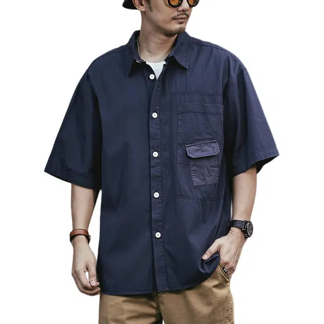 格蓝鹿 夏季 潮牌城市机能风休闲复古短袖衬衫 宽松型 男女同款 藏青
