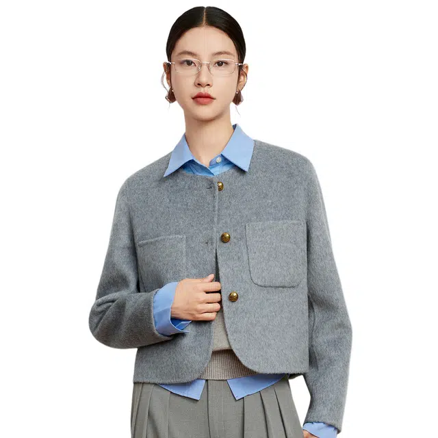 富铤 纯色小个子短款圆领气质小香风双面呢大衣 女款