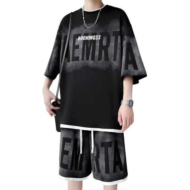 顶峰保罗 美式高街字母印花冰丝短袖短裤搭配一套假两件宽松小众百搭设计感休闲运动套装 男女同款