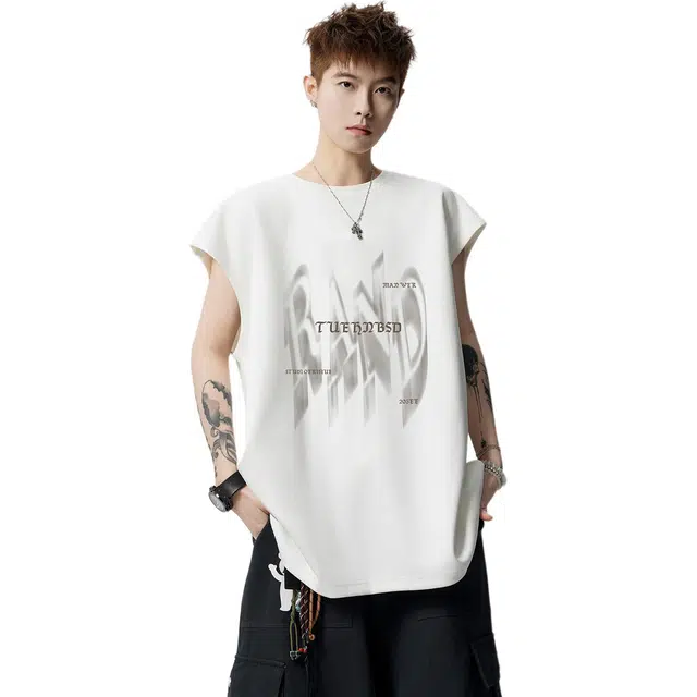 佐菲利 纯色潮流百搭字母印花设计麂皮绒坎肩圆领无袖背心 男女同款