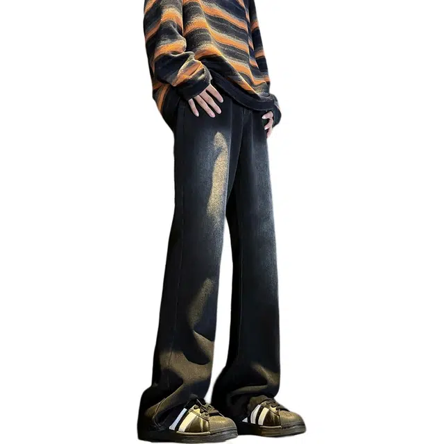 北欧攻略 美式水洗复古高街废土风黄泥宽松百搭垂感微喇痞帅休闲中腰直筒牛仔裤 男女同款 经典黑色