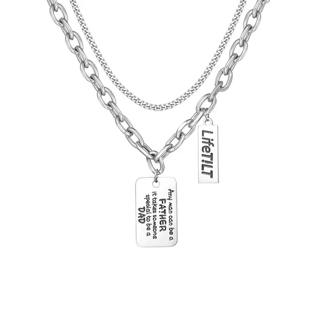 暖瞳 嘻哈潮牌字母方牌双层叠戴朋克复古时尚百搭个性设计冷淡风 钛钢 项链 男女同款情侣款