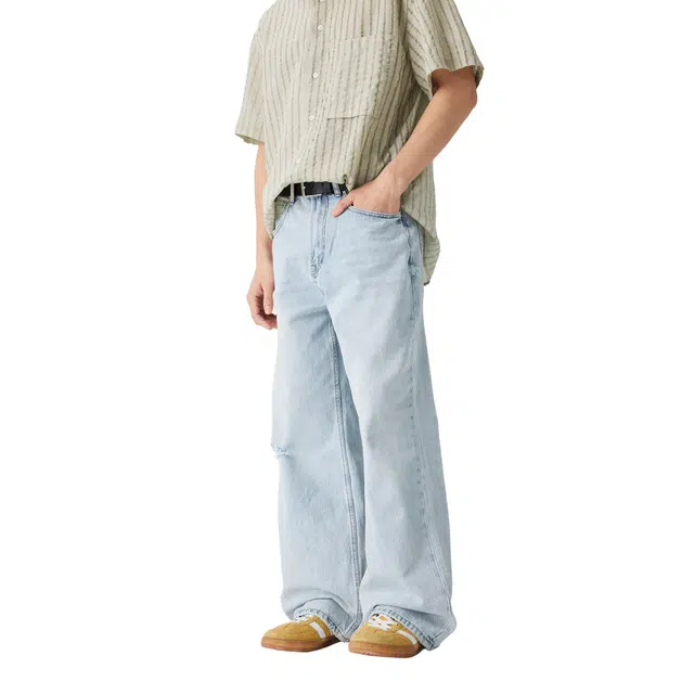 帝狼牛 不规则毛边破洞设计宽松休闲百搭松弛感复古做旧磨白基础款直筒牛仔裤 男女同款