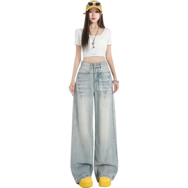 玫丝朵 美式复古高腰宽松阔腿裤垂感辣妹阔腿水洗舒适牛仔裤 女款