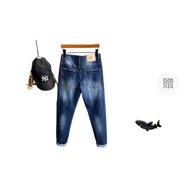 大白鲨 修身型直筒印花中腰长裤牛仔裤 男款