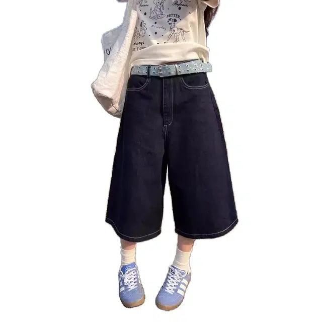 么宁 美式复古高街拼接刺绣七分裤宽松显瘦阔腿中裤牛仔短裤 女款