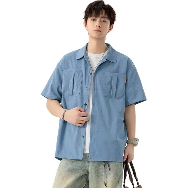 左岸 日系潮流工装冰丝薄款宽松短袖衬衫 男款