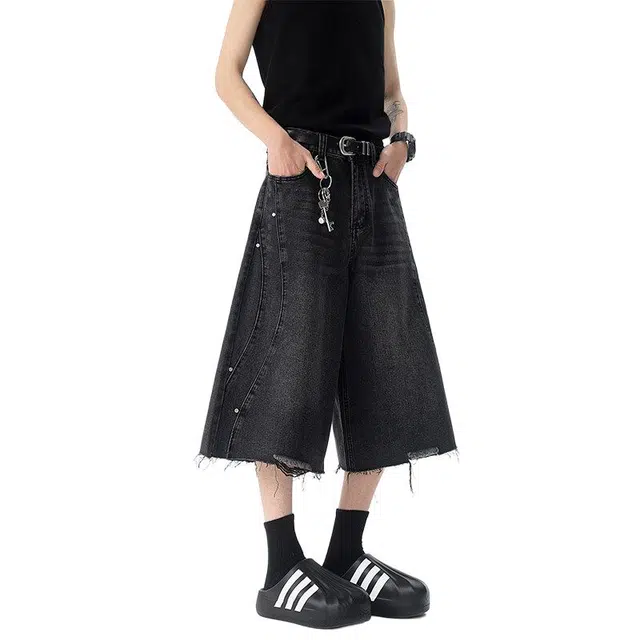 佐菲利 美式复古弯刀七分裤宽松阔腿裤子直筒牛仔短裤 男款