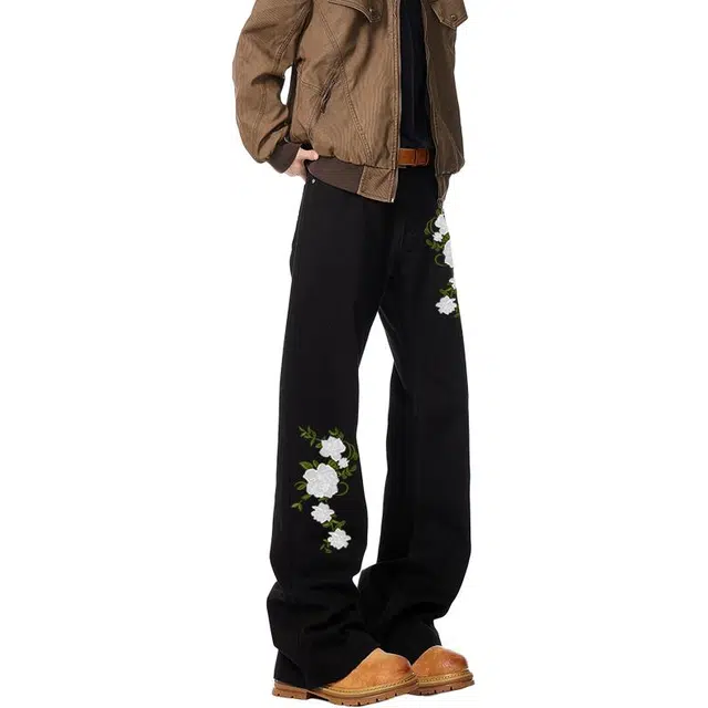 物质公式 微喇仿万针刺绣植物花卉图案印花美式复古高街水洗做旧废土风炸街窄版高腰显瘦修身白色通勤垂感阔腿直筒牛仔裤 男女同款