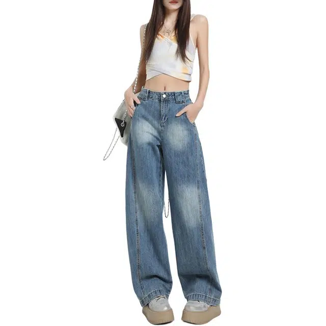 雾闪闪 水洗工艺镰刀香蕉竹节裤女宽松拖地阔腿裤牛仔裤 女款