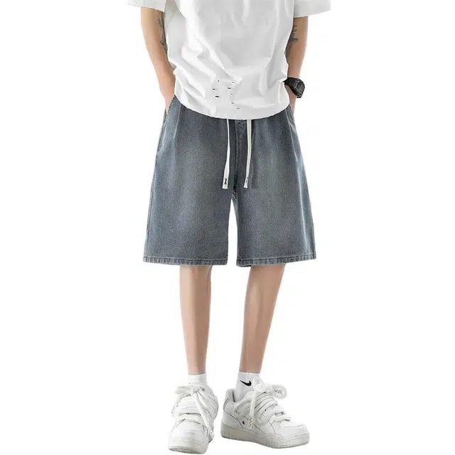 顶峰保罗 薄款透气抽绳设计直筒阔腿五分裤美式高街潮牌宽松休闲运动百搭高级感牛仔短裤 男女同款