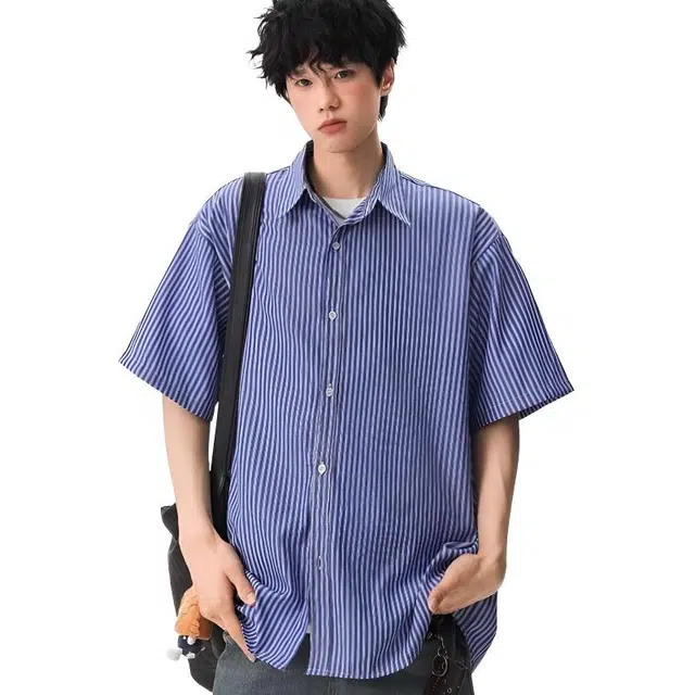 沐诚阳译 日系复古条纹慵懒百搭短袖衬衫 男款