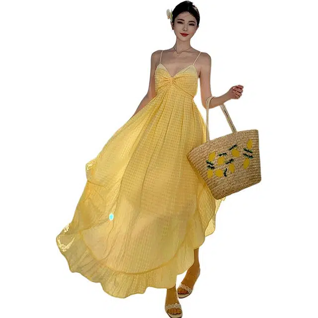 黛尔佳人 格纹度假风海岛沙滩挂脖长裙吊带连衣裙 女款