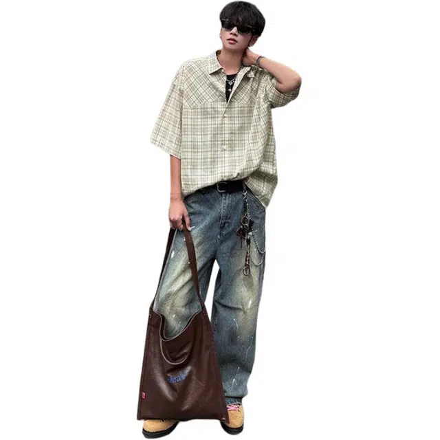 佐菲利 拼接格子美式潮流复古百搭休闲宽松衬衣外套夏季短袖衬衫 男款