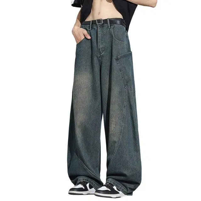 顶峰保罗 冰丝无性别主义百搭薄款阔腿弯刀直筒柔软舒适凉感美式垂感工装长裤宽松牛仔裤 男女同款