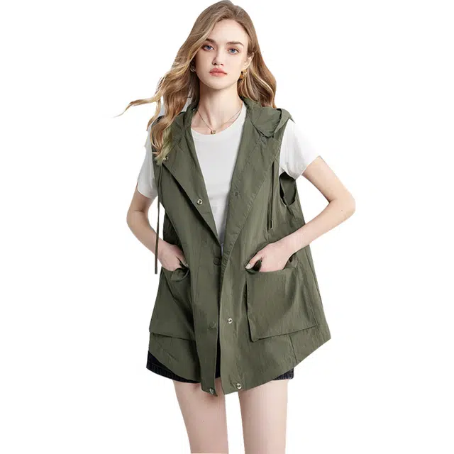 她池 连帽纯色单排扣简约通勤纯色马甲 女款 军绿色
