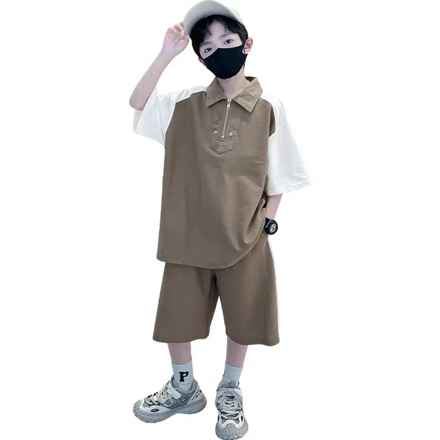 大童 棉致 翻领舒适洋气插肩短袖松紧腰纯色短裤休闲运动套装 卡其色