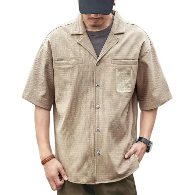 格蓝鹿 夏季 潮流凉感速干透气古巴领纹理复古日常通勤冰丝薄款华夫格短袖衬衫 男女同款