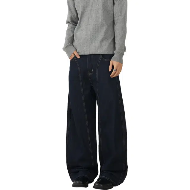 帝狼牛 美式复古高街宽松水洗阔腿慵懒百搭水洗弯刀牛仔裤 男女同款