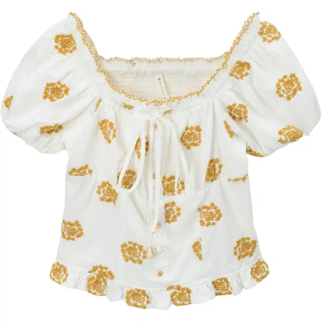 谜秀 黄色荃棉绣花碎花常规短袖法式衬衫 女款