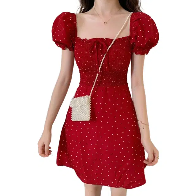 玉儿恋 波点柔软舒适透气百搭休闲短袖连衣裙 女款 樱桃红