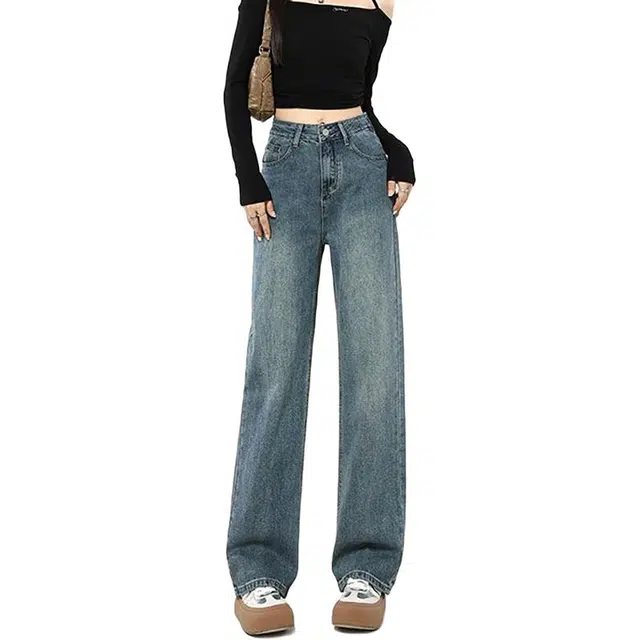 如续 美式复古高腰百搭显瘦阔腿直筒宽松牛仔裤 女款