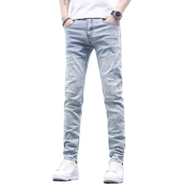 尘映 美式潮牌修身薄款破洞牛仔裤 男款