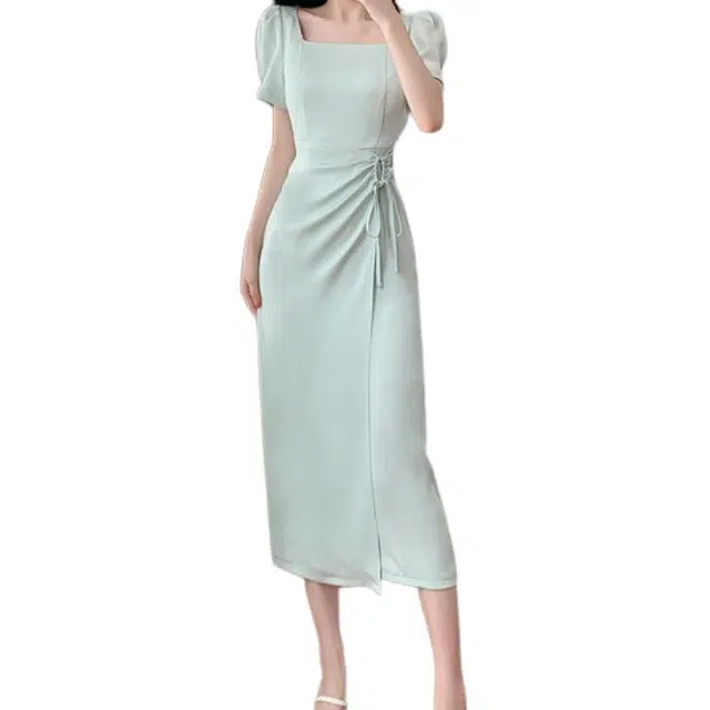 沐晓欣 气质缎面高级感方领泡泡袖系带收腰中长裙短袖连衣裙 女款