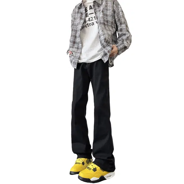 八哥 弯刀微喇无性别主义穿搭基础款轻度水洗工艺中腰宽松休闲美式高街百搭弹力保暖加绒修身柔软不硬做旧纯色微喇牛仔裤 男女同款