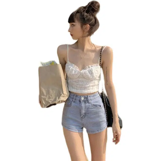 怪力萝莉 开叉高腰弹力简约舒适修身牛仔短裤 女款