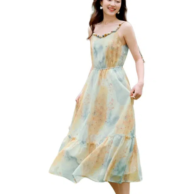 茵曼 波西米亚印花连度假绑带显瘦长裙子吊带连衣裙 女款 五彩斑斓