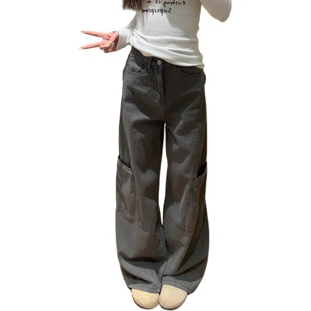 么宁 美式复古阔腿牛仔裤秋季高腰宽松显瘦休闲直筒裤子工装裤 女款