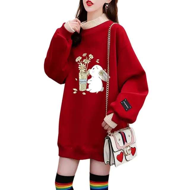 水中花 设计感卡通加绒加厚假两件宽松中长款卫衣 女款