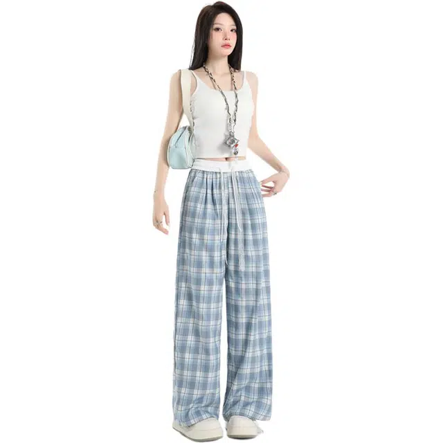 玫丝朵 美式新潮简约纹格设计松紧高腰宽松阔腿休闲裤 女款