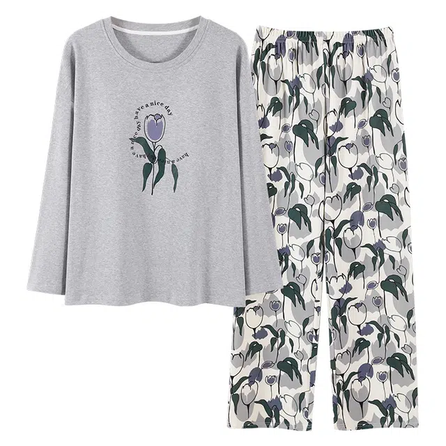 顶瓜瓜 简约舒适带胸垫纯棉面料可外穿家居服睡衣套装 女款