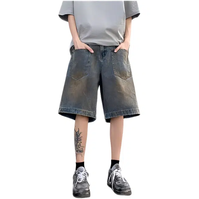 木木兔 美式高街复古潮牌休闲时尚百搭设计感小众宽松五分裤牛仔短裤 男款