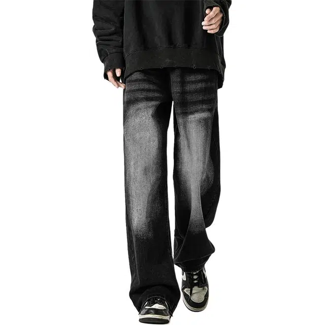 顶峰保罗 复古水洗做旧薄款透气直筒长裤子美式高街潮牌情侣宽松休闲百搭撞色阔腿牛仔裤 男女同款